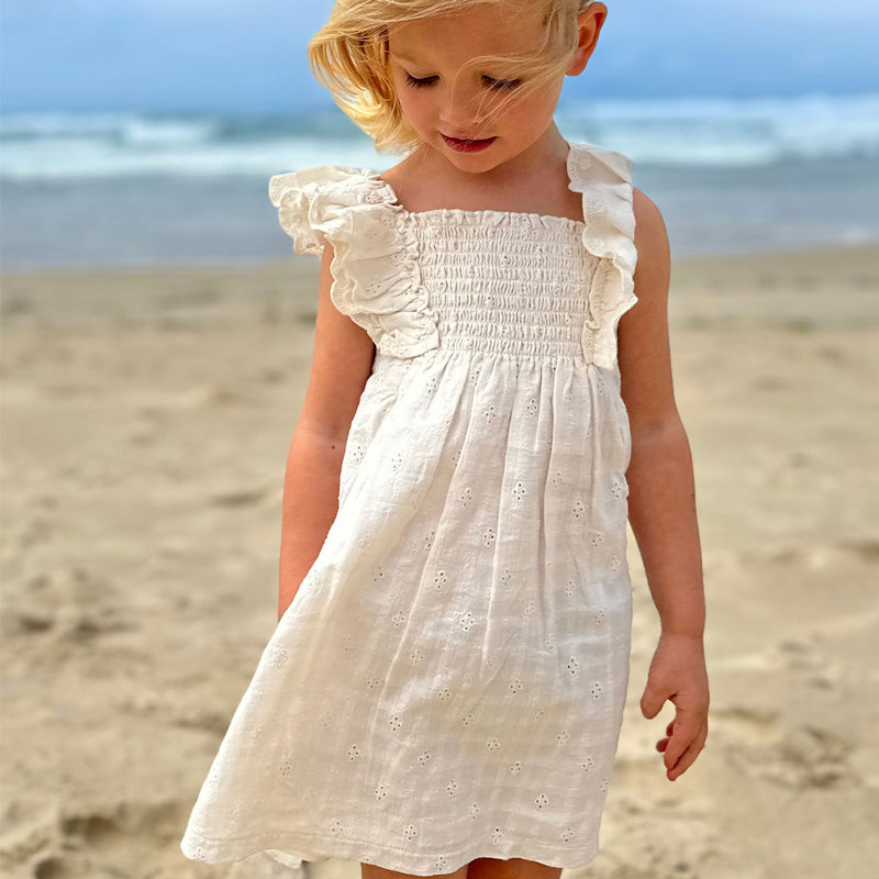 purebaby organic cotton smocked white dress baby kids dress