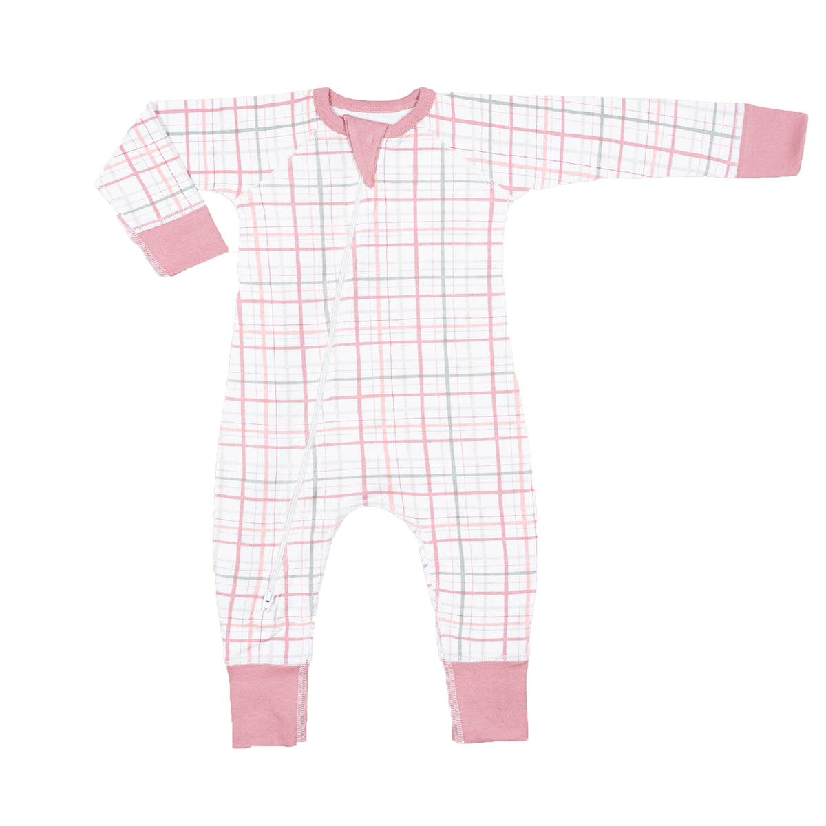 Sapling organic cotton blush plaid zip romper for baby