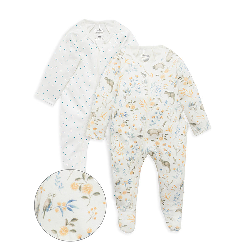 purebaby newborn baby organic cotton zip growsuit bush friends print