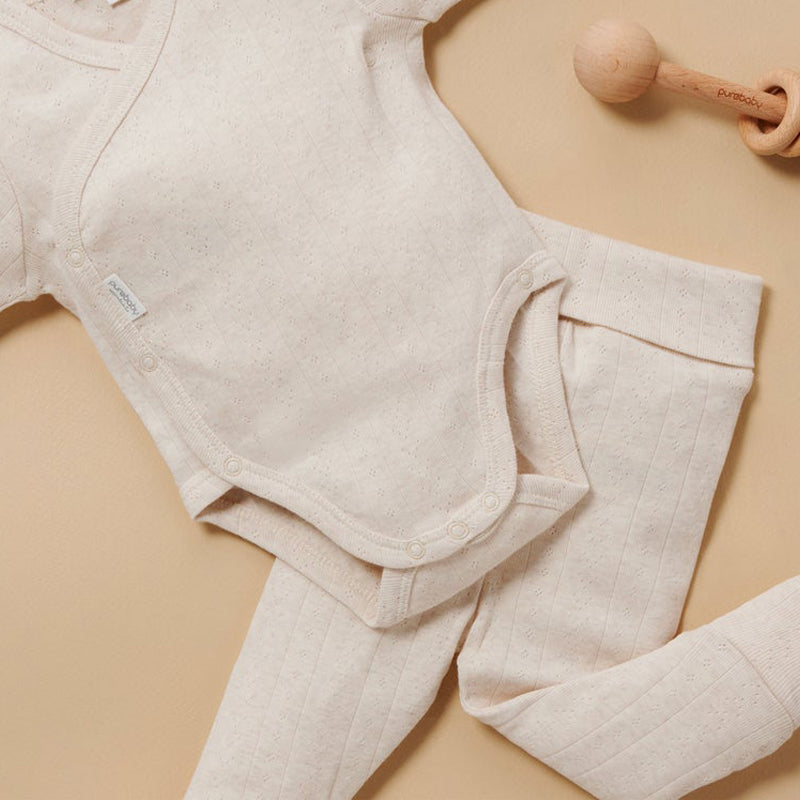 Pointelle LS Wrap Bodysuit Wheat Melange
