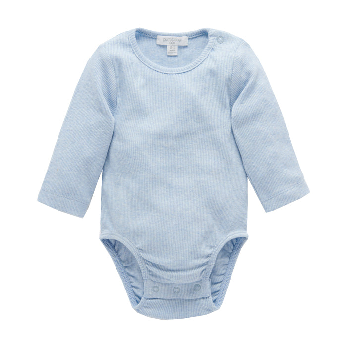 purebaby ribbed long sleeve bodysuit pale blue melange organic cotton baby