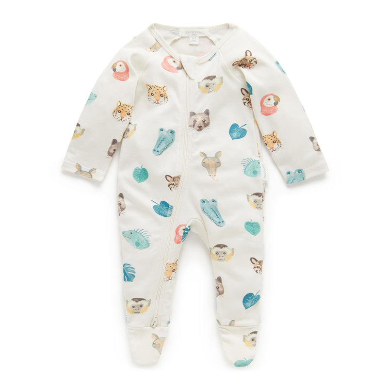 purebaby zip growsuit jungle faces